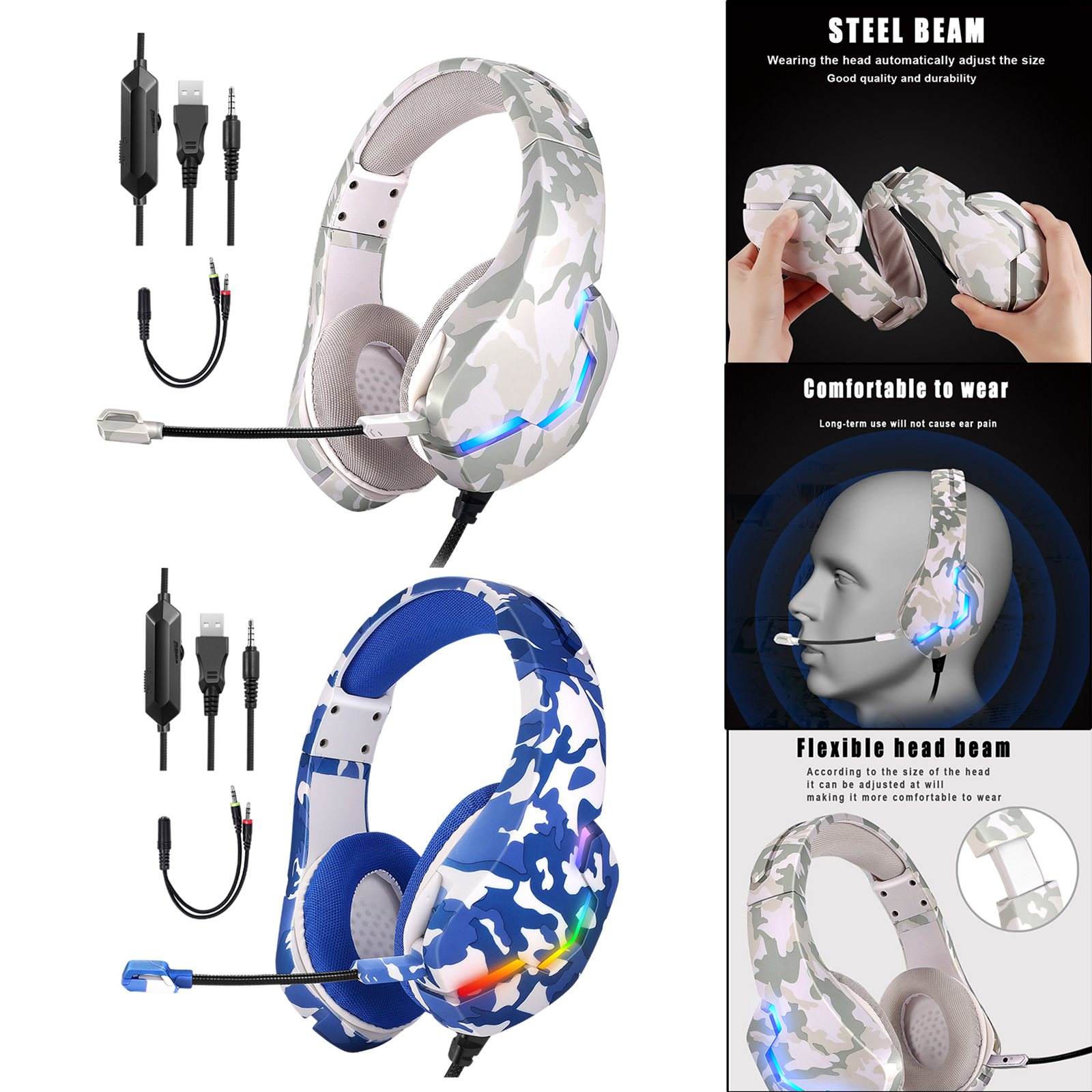 Gaming Headset 3.5mm Multi-Platform Comfortable Bass Over-Ear RGB Lamp J10 Soft Earmuffs Wired Headphone for Music Smartphones