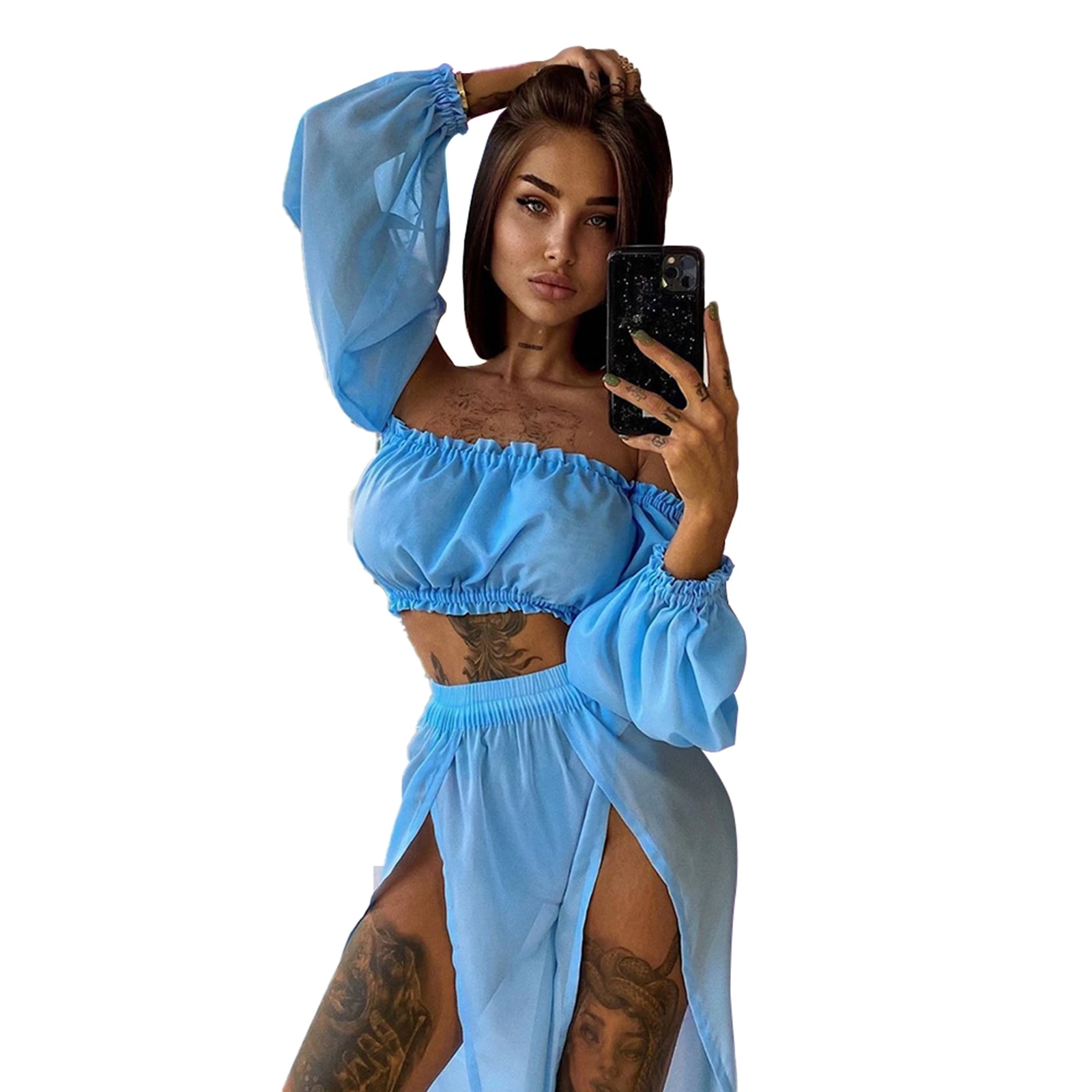 Women's Clothing Set Long Sleeve Off Shoulder Tops and Cover Up Skirt Two-piece Suit Beach Vacation Travelling New Style 2021 lace bathing suit cover up