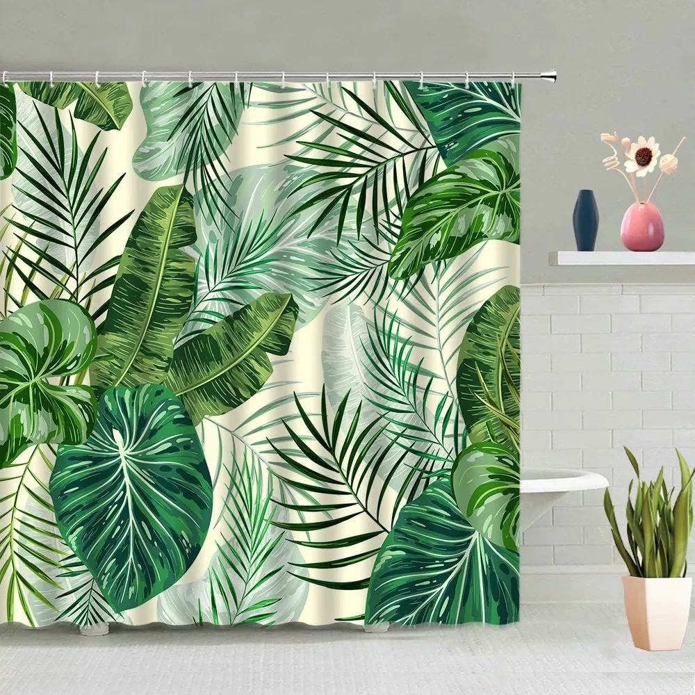 Waterproof Fabric Shower Curtain Dark Green Tropical Palm Leaves Bathroom Hooks 