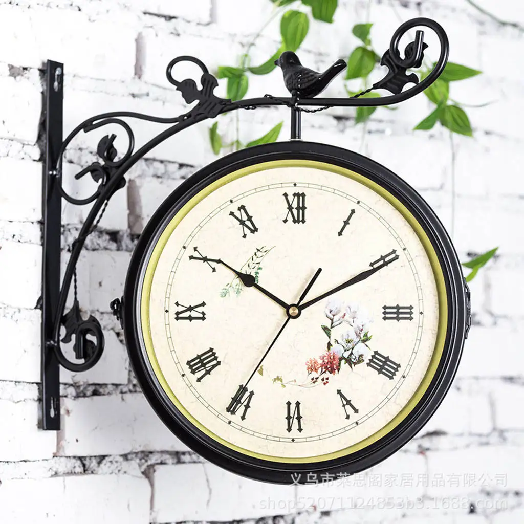 Iron Double Sided Retro Round Quiet Wall Hanging Clock Hotel Bar Garden Decor