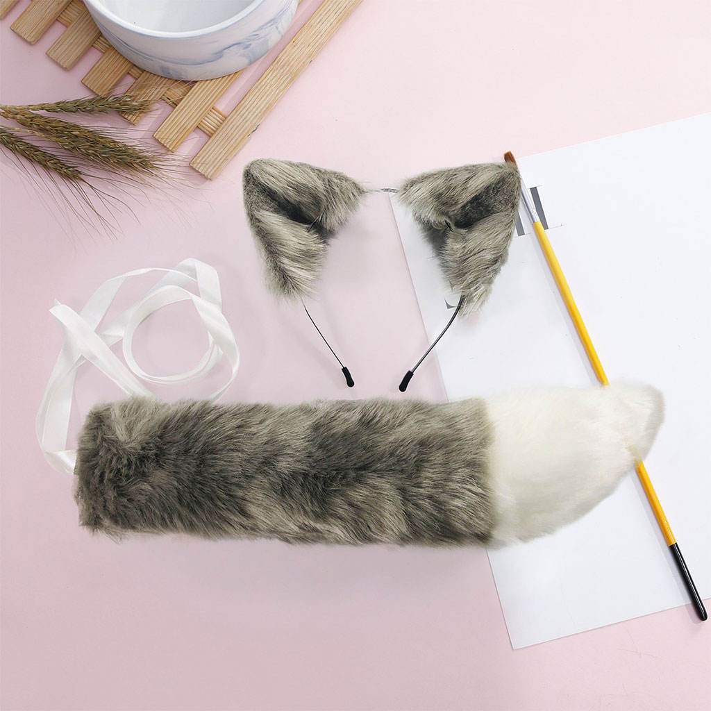 2Pcs Wolf Fox Tail Clip Ears and Choker Set Halloween Christmas Fancy Party Costume Toys Gift for Women