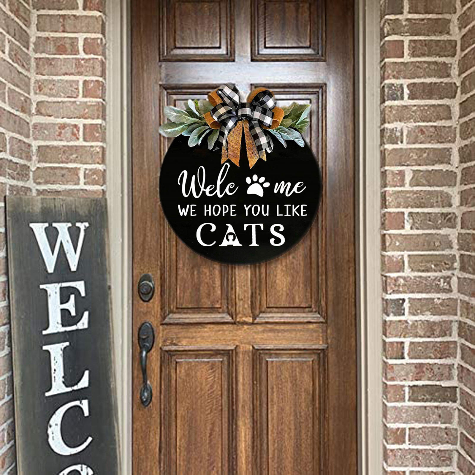 Welcome Sign for Front Door,16In Front Door Decors -We Hope You Like Dogs/Cats Wooden Porch Decor for Farmhouse w/ Green Leaves