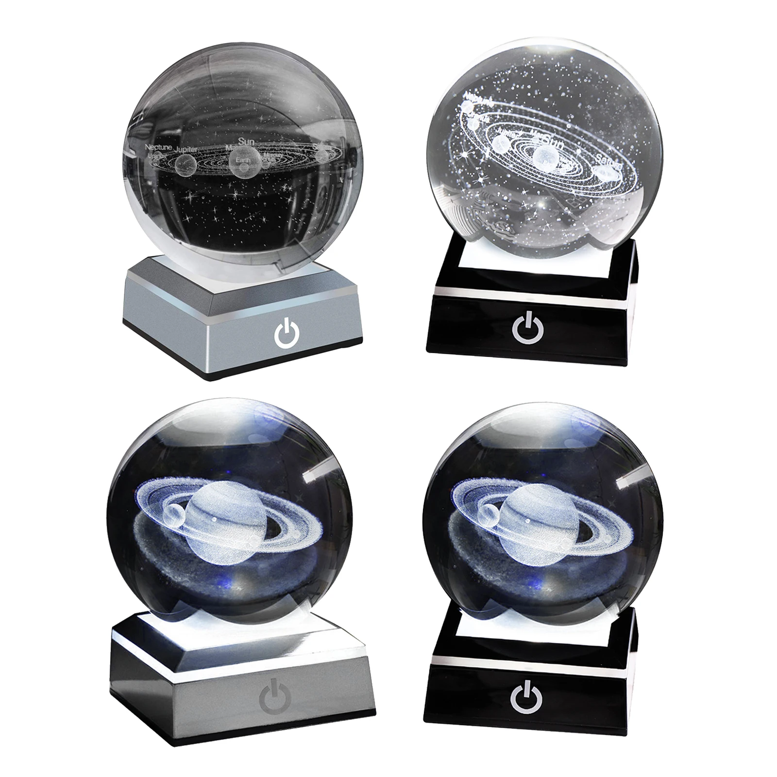 80mm K9 Crystal Solar System Planet Globe 3D  Engraved Sun System Ball with Touch Switch LED Light Base Astronomy Gifts
