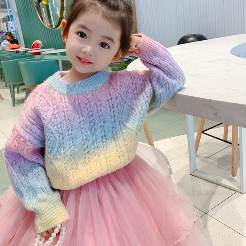 Cardigã de malha arco-íris para meninas, suéter