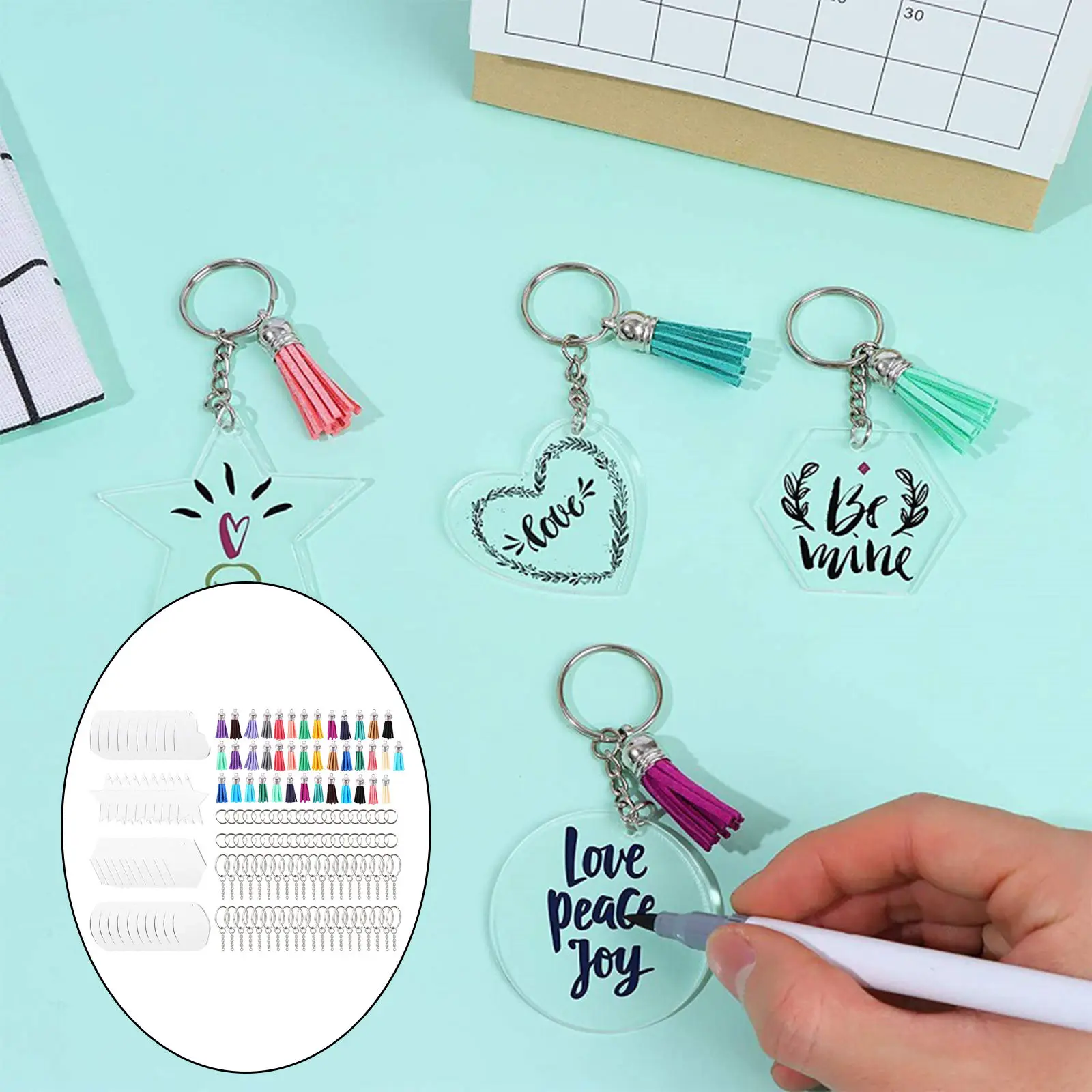 Keychain Blanks Set Acrylic Clear Discs Key  with Tassels Kit for DIY