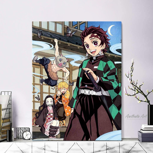 Tanjiro, Nezuko, Zenitsu & Inosuke  Anime canvas art, Anime drawings,  Anime canvas