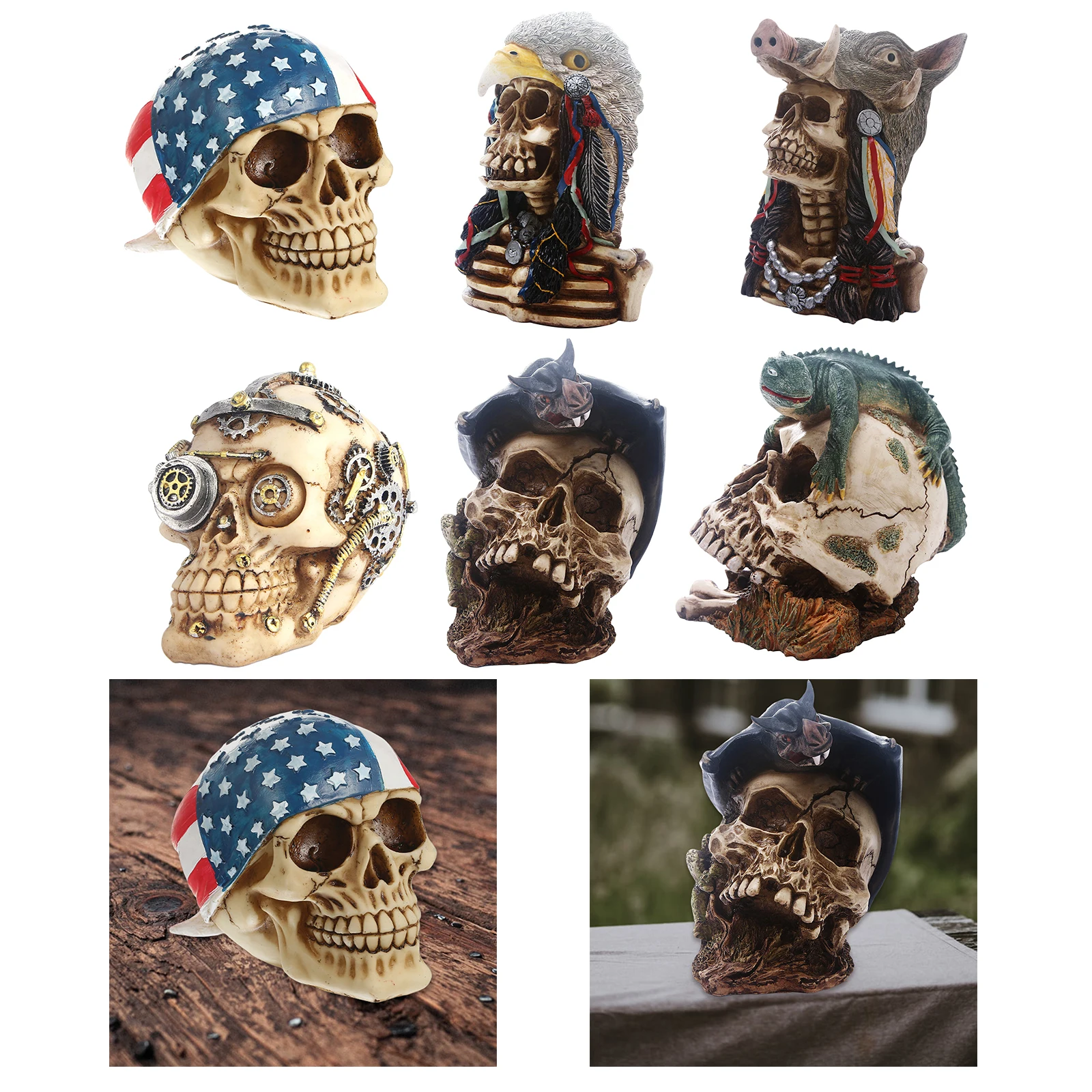 Rivet Helmet Multiple Styles Grinning Skeleton Head Sculpture for Halloween Macabre Spooky Day of The Dead Decor Figurines Sculptures Human Skull Statue Home Décor