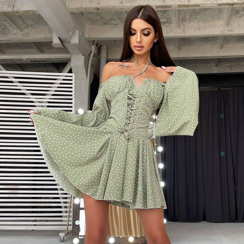 Waliicorners Vintage Dress Polka Dot Flare Sleeve Pleated Dresses Bohemian Dress Long Sleeve Tie Up Corset 12 H339284988e1c4c119fed9d79018dab052