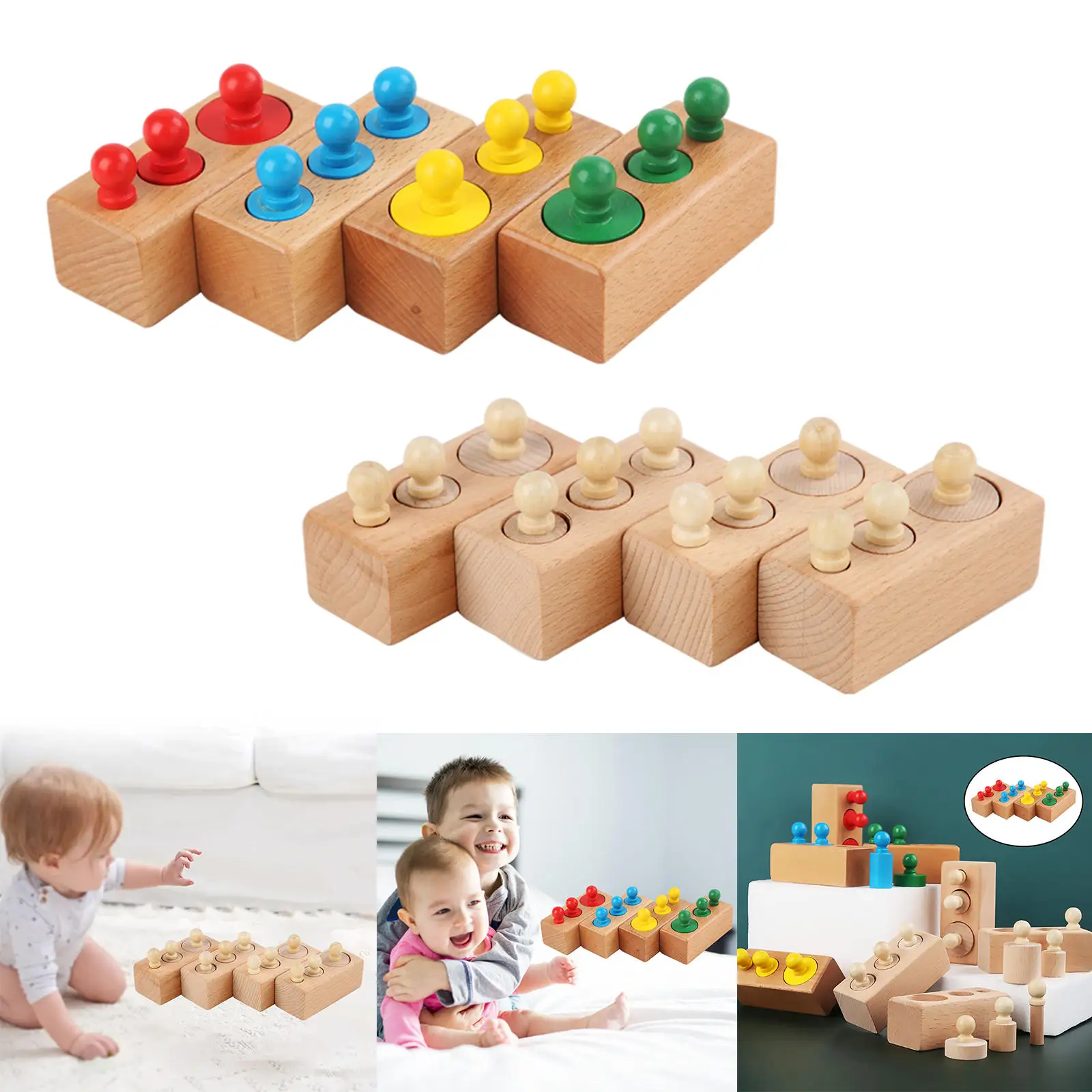 4Pcs Montessori Knobbed Cylinders Blocks Wooden Practice Board Game Early Educational Socket Toys for Home Kids Family