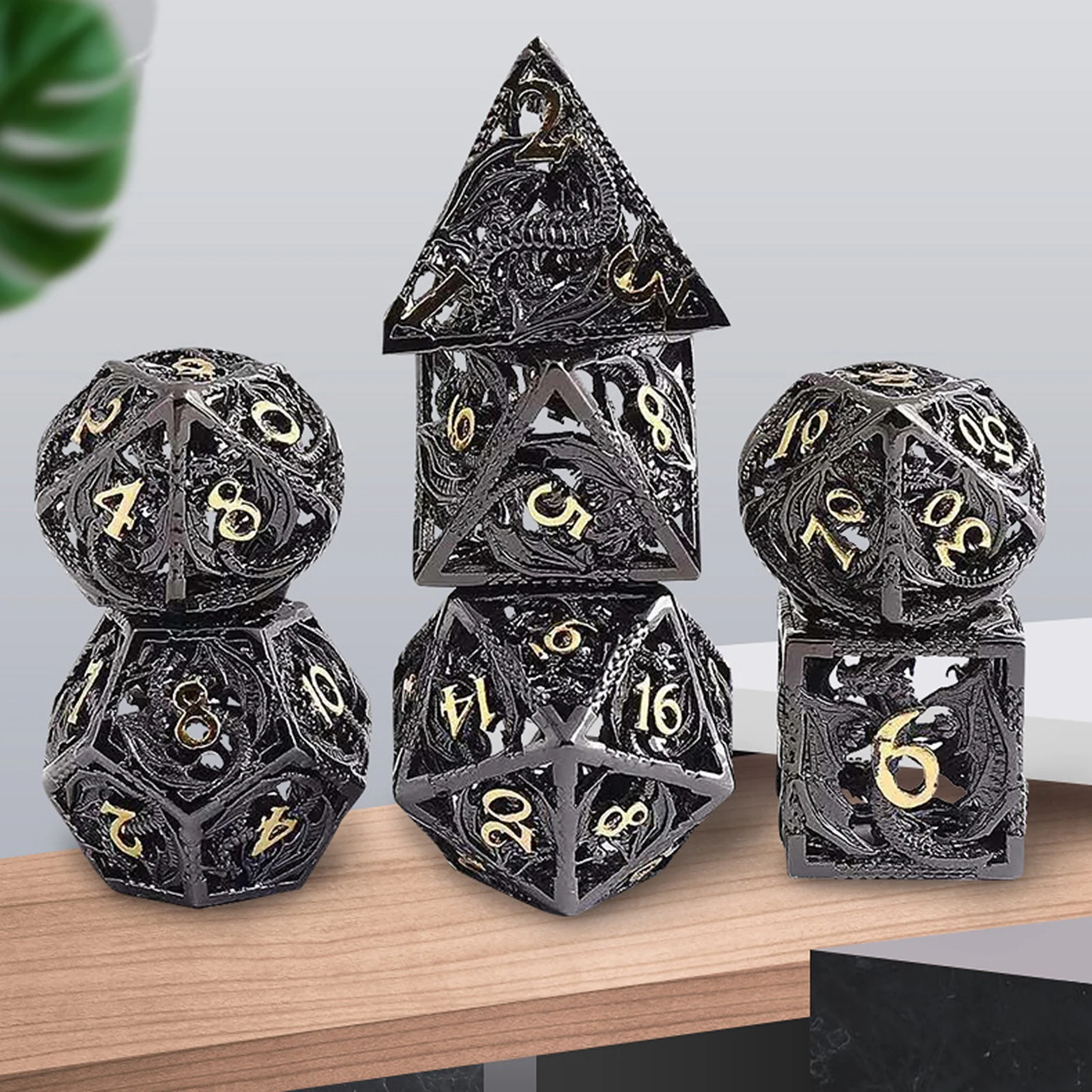 7pcs Polyhedral Metal Dice Set Zinc Alloy Solid Metal for DND Game Golden Blue 