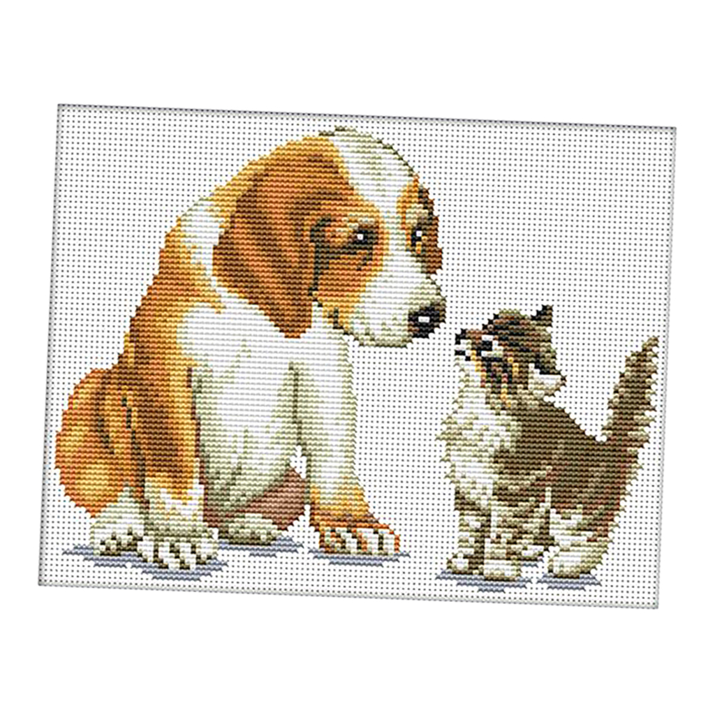 Stamped Cross Stitch Kits With Printed Pattern - Dog and Cat, for Embroidery Art Cross-Stitching Lover 11CT 35x29cm