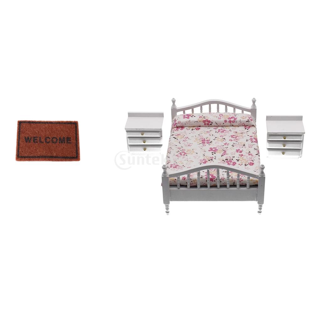 1:12 Dollhouse Miniature Mini Furniture Bed Beside Table Floor Rug