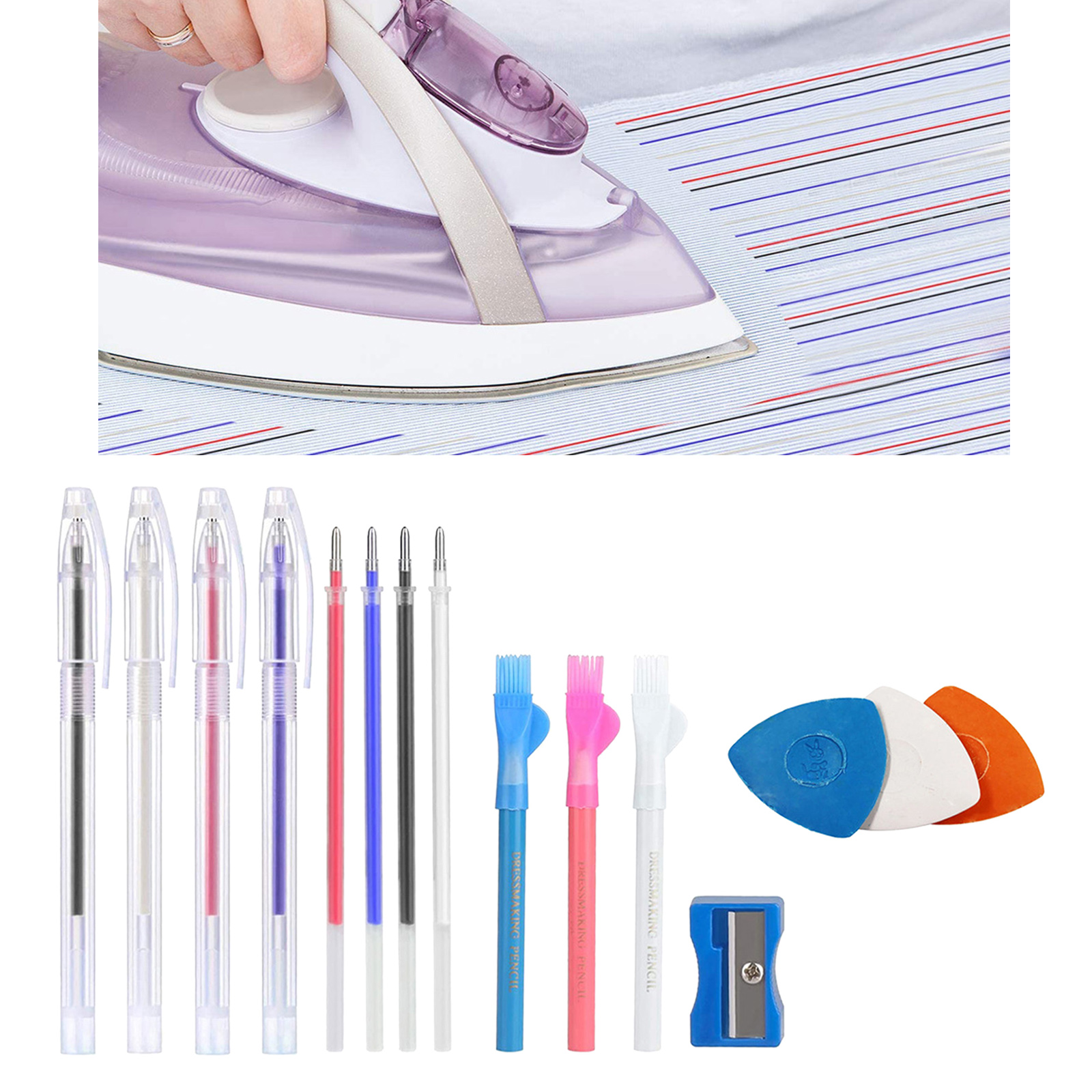 4pcs Heat Erasable Pens with 4pcs Refills, Fabric Marking Pencil Heat Erase Pens, Pencils, Chalk and Pencil sharpener