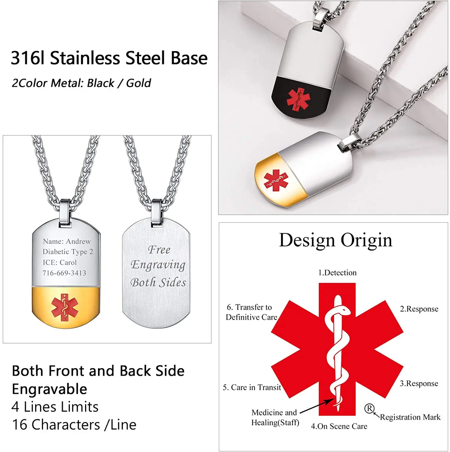 collier médical sacid en acier inoxydable avec gravure gratuite étiquette de pendentif bijoux