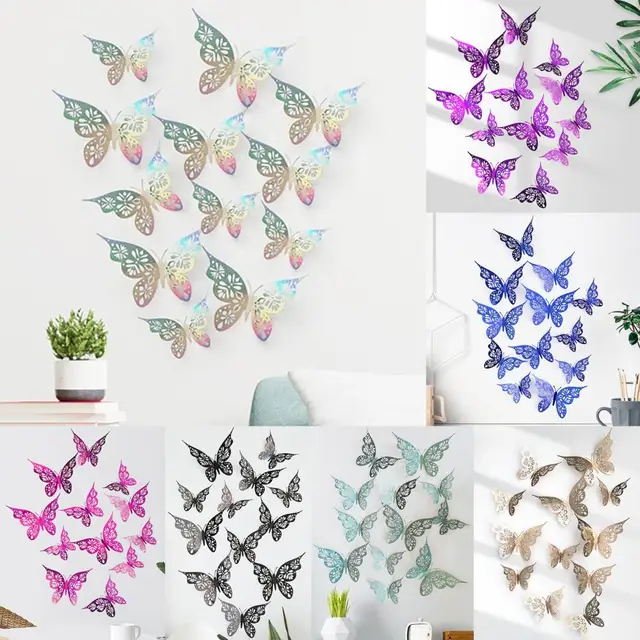 12Pcs 3D Wall Stickers Hollow Design Paper Butterfly Shape Wall Decor Party  Supplies Elegant Wall Sticker