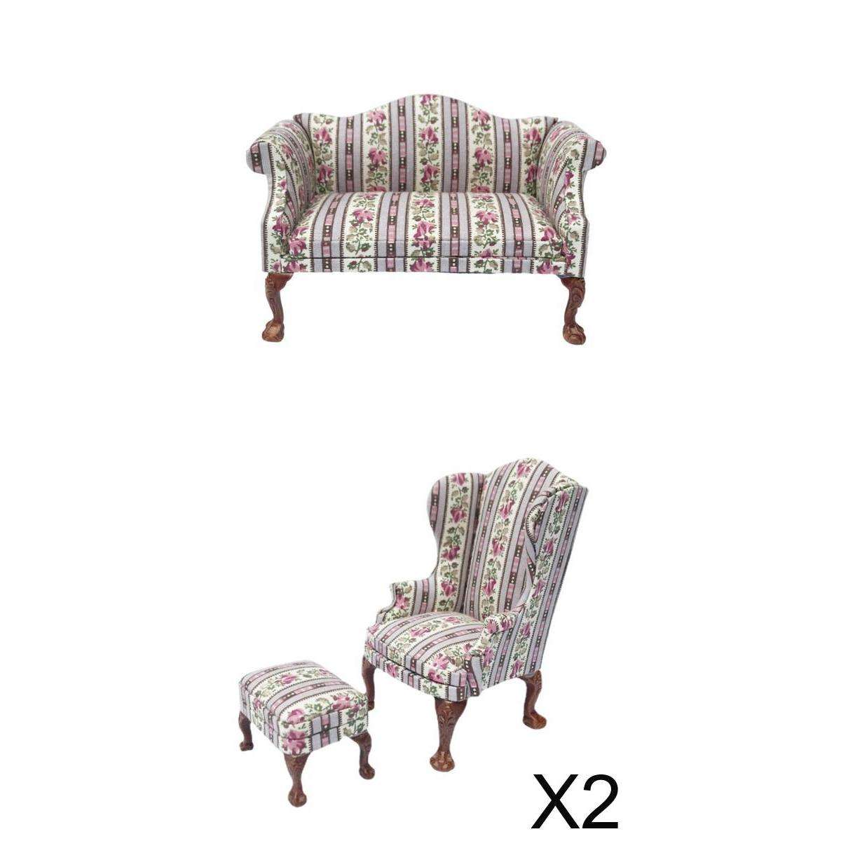 5 Dollhouse Sofa 1/12 Scale Furnish Floral Pattern Wooden Armchair Low Stool
