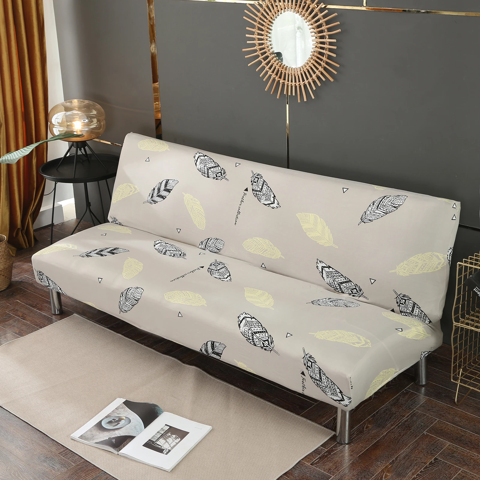 Armless Sofa Bed Cover Spandex Stretch Print Futon Slipcover Non-slip Sofa Cover Seat Couch Protector for 3 Seater Folding Sofa