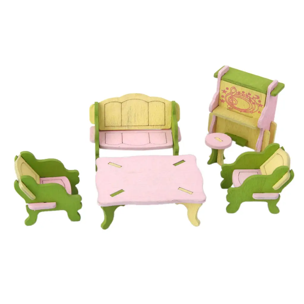 Hand Painted Dollhouse Miniature Wooden Living Room Furniture Set Toy Gift 