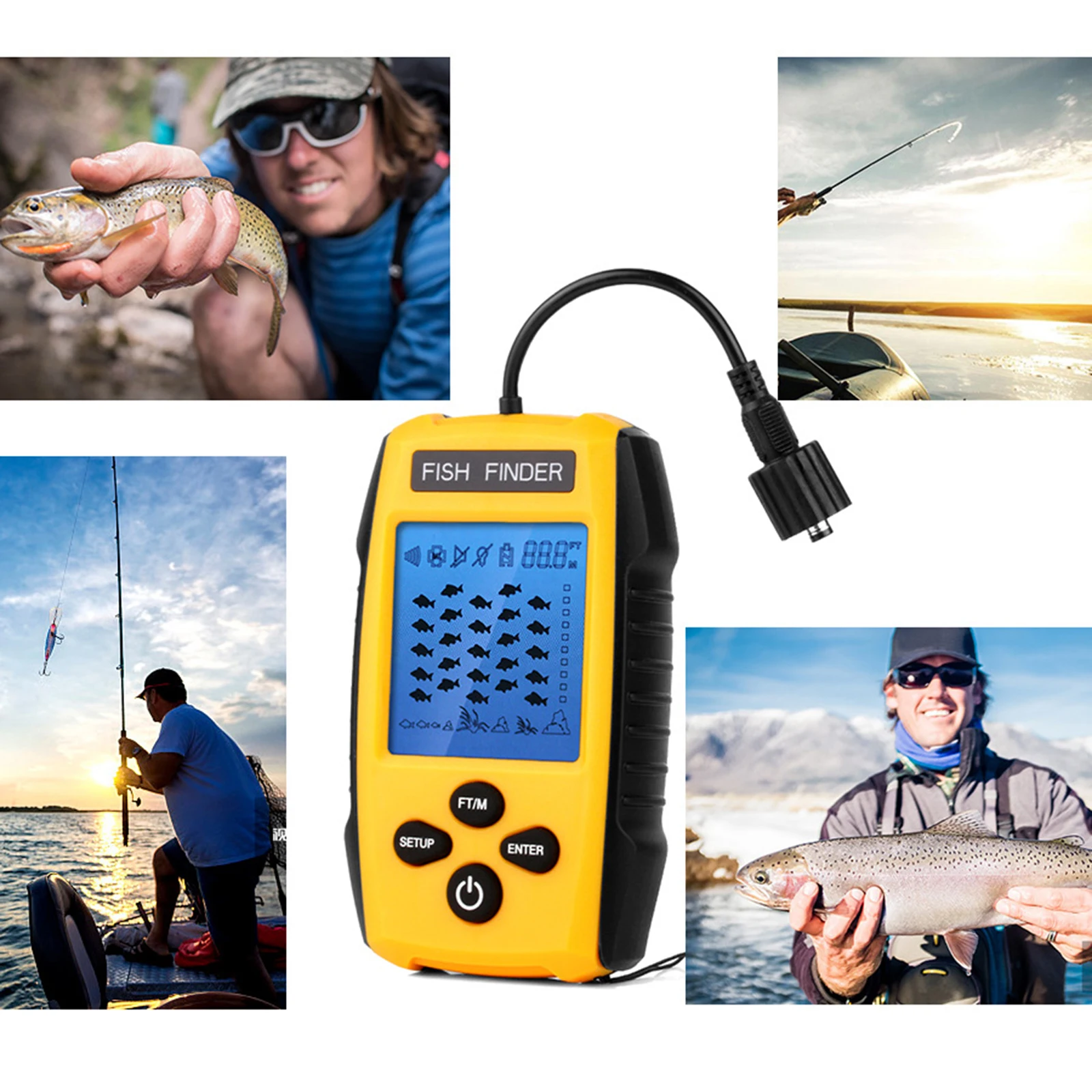 Portable Fish Finder Ice Fishing Depth Finder LCD Display 328ft Yellow