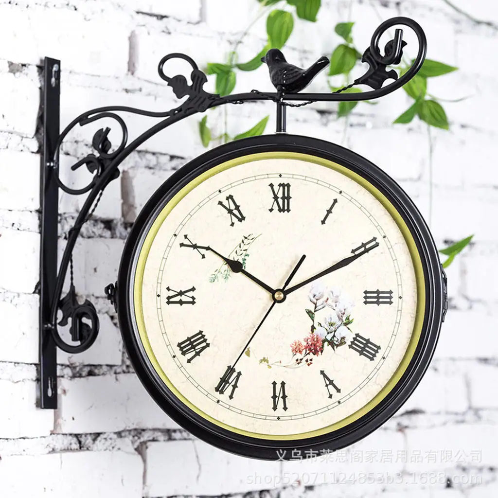 Iron Double Sided Antique Wall Hanging Clock Garden Decor - Without Battery, 360 Degree Rotate