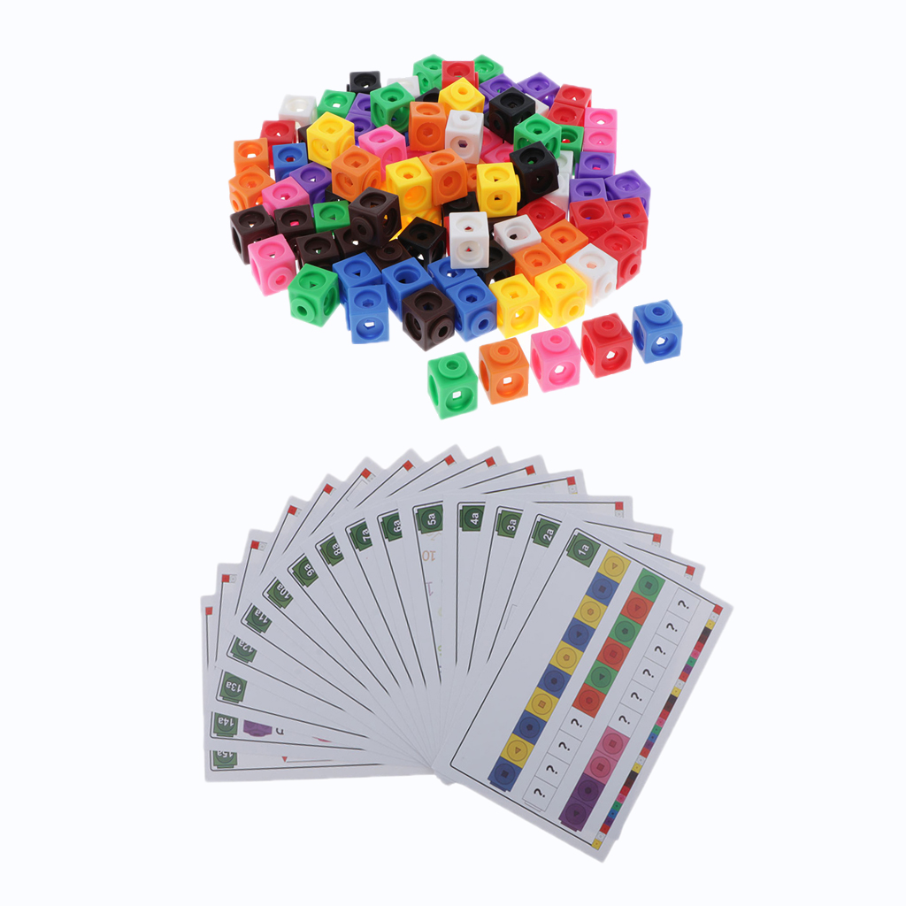 100 Pieces Math Link Cubes - Interlocking Snap Blocks Set with 15 Cards - for