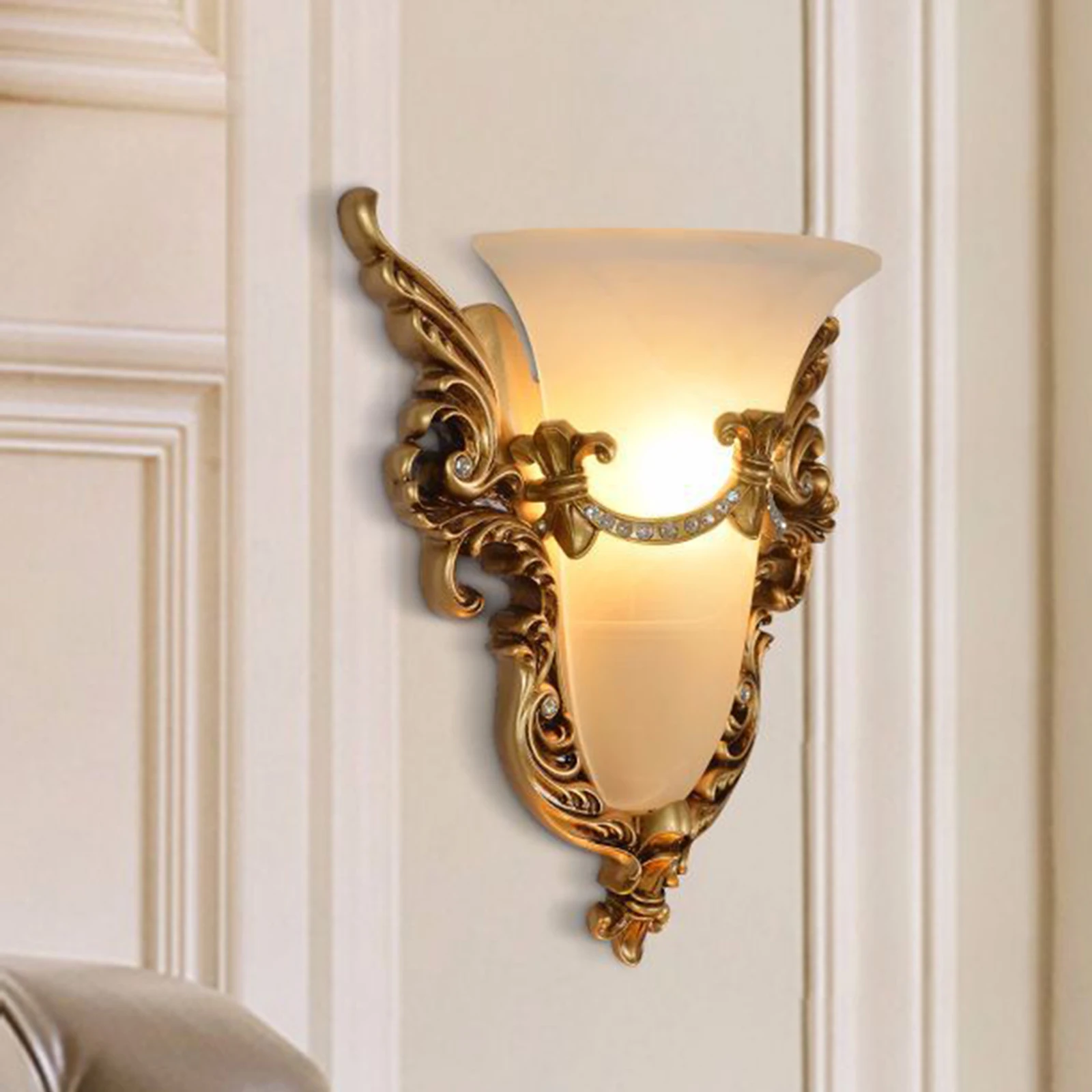 European-style Resin Wall Lamp E14 Bulb Retro Indoor Bedside Wall Sconce Light Fixture Lighting Gold Bedroom Decor