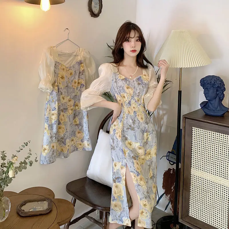 Dresses Women Spliced Romantic Printed Korean Style Elegant Empire Side-slit Feminine Trendy Vestdios Sweet Female Puff Sleeve zara dresses