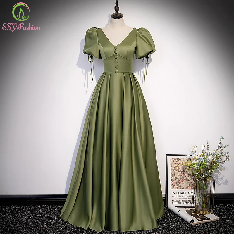 party gown SSYFashion New Banquet Grace Avocado Green Satin Evening Dress Puff Sleeve A-line V-neck Simple Long Formal Party Gown for Women ball gown