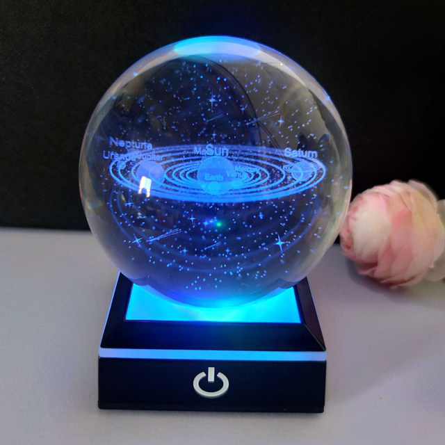 Bola de cristal 3D com modelo de sistema solar e base de lâmpada LED, mini  esfera de vidro para Galaxy de 80 mm, melhor presente para crianças