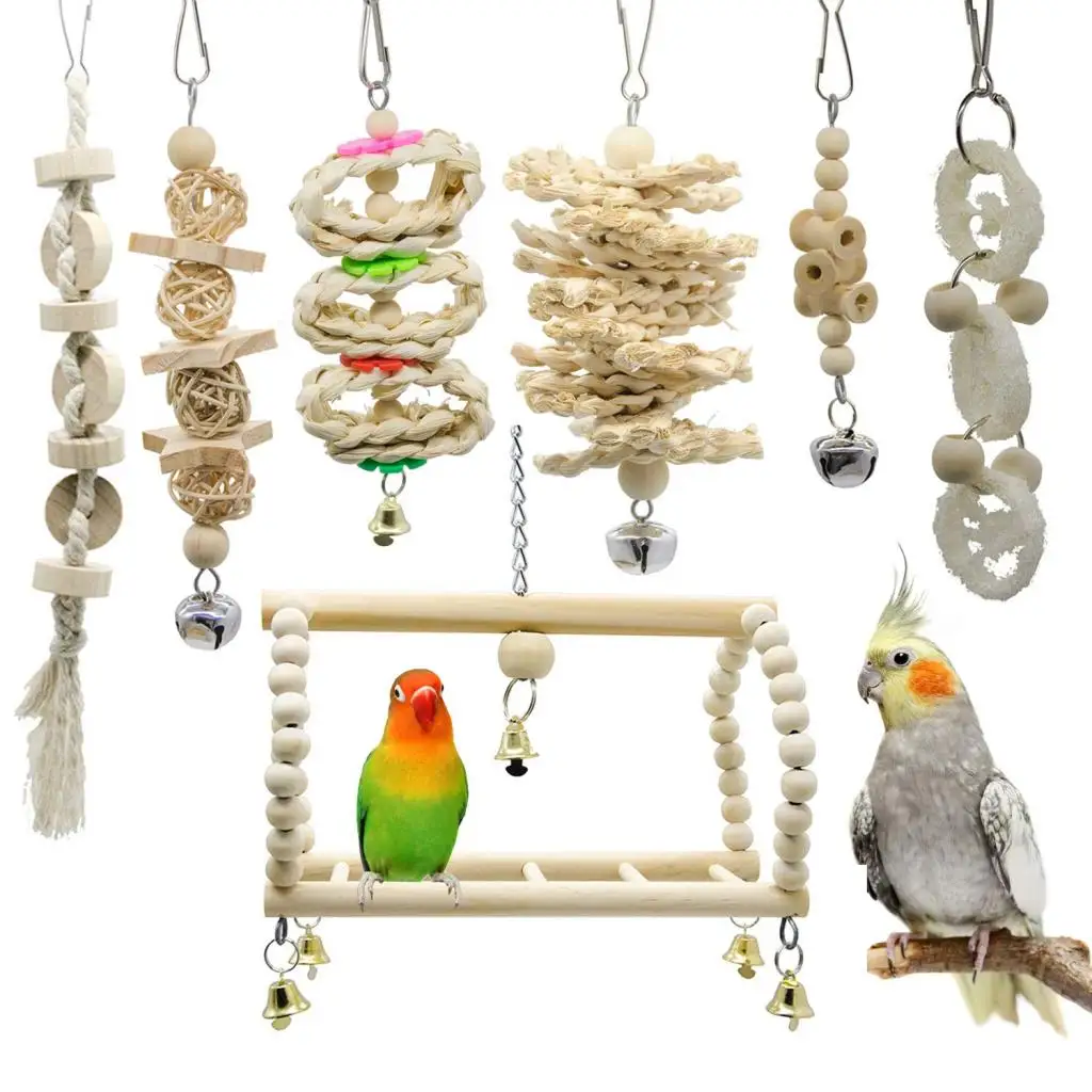 7 Pieces Perfect Hanging Chew Toys, Wooden Parrot Chewing Toy with A Bell Teeth Care Treat and Chew for Small Animals