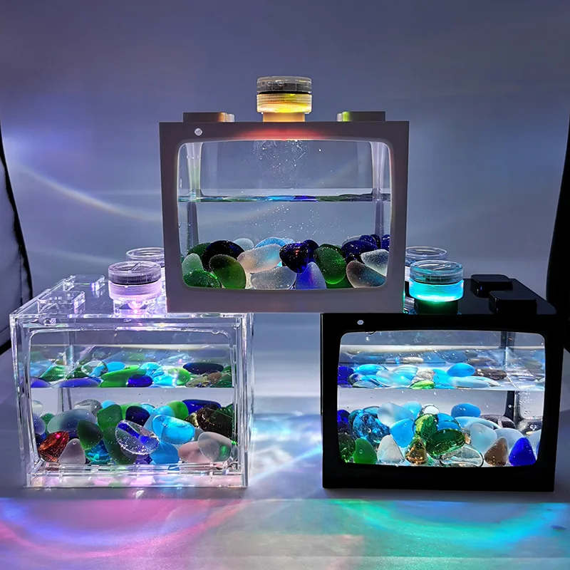 Mini Desktop Fish Tank Office Decoration Color : Black Ecosphere with LED Base Oval Closed Aquatic Ecosystem 