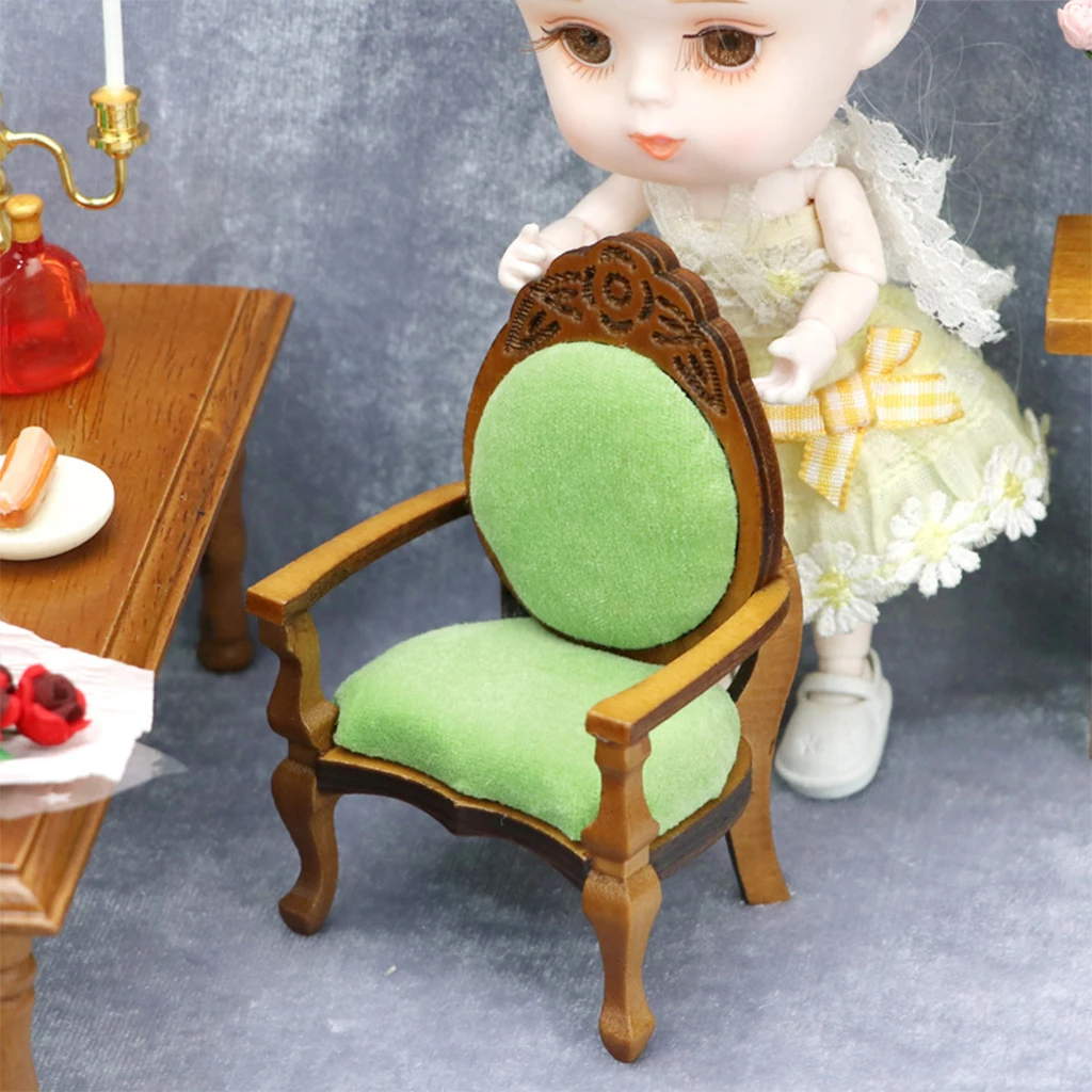 1/12 Dollhouse Vinatge Flocking Seat Wooden Chair Doll House Room Furniture Life Scene Pretend Play Set Decoration Accessory