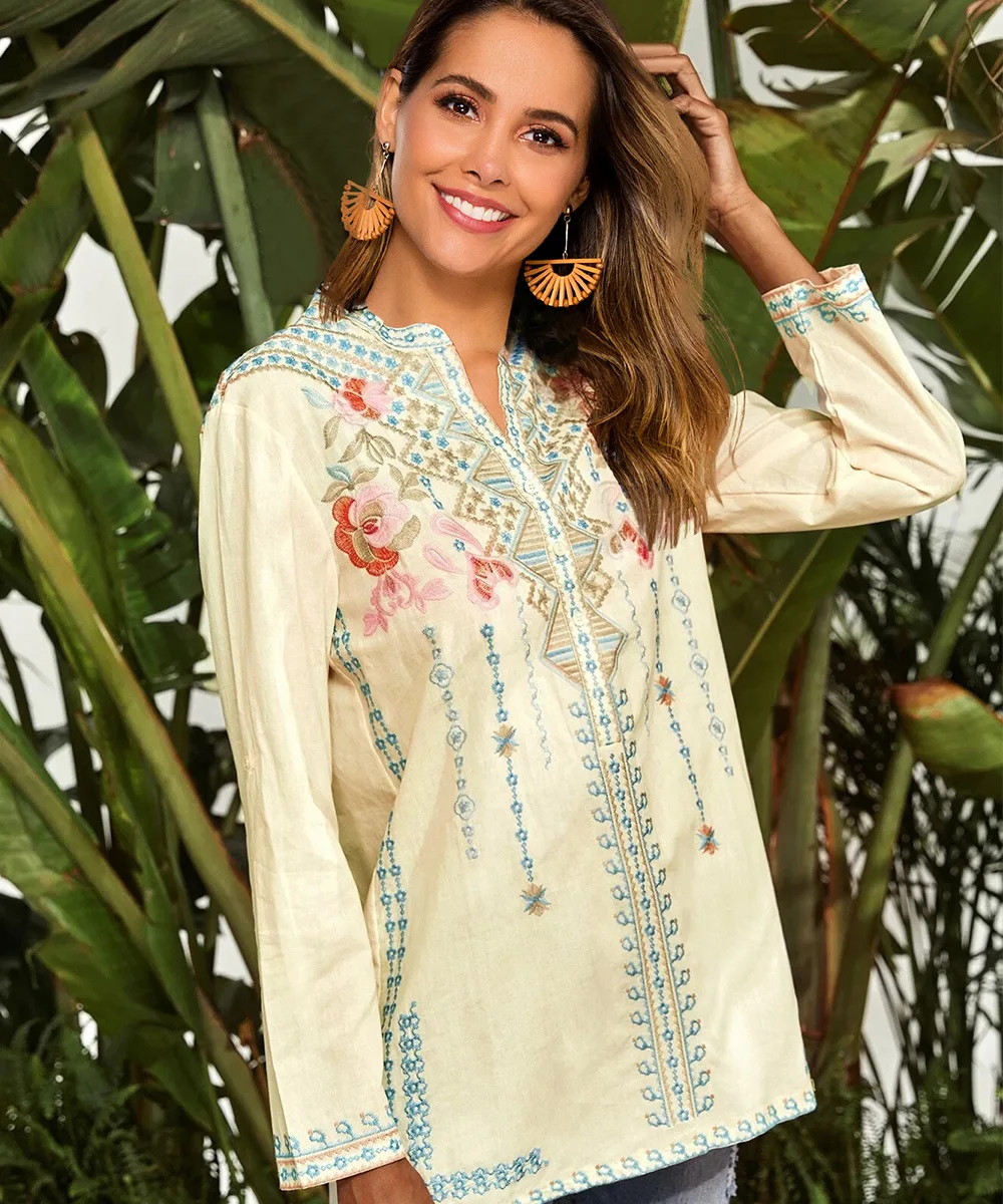 teelynn boho topos boho manga longa blusa feminina algodão étnico floral bordado blusas camisas outono hippie blusas