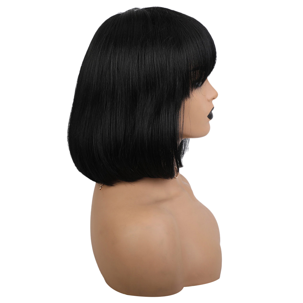 Women Short Bob Middle Part Wigs with Flat Bangs Straight Human Hair Flapper Cosplay Full Head Wig 12’’