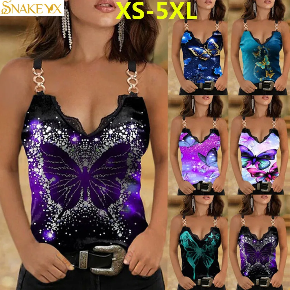 SNAKE YX  Women's Top  Lace V-neck Butterfly Printed Sexy Sleeveless Tank Top   Soft and Comfortable  Plus Size Shirt spanx camisole