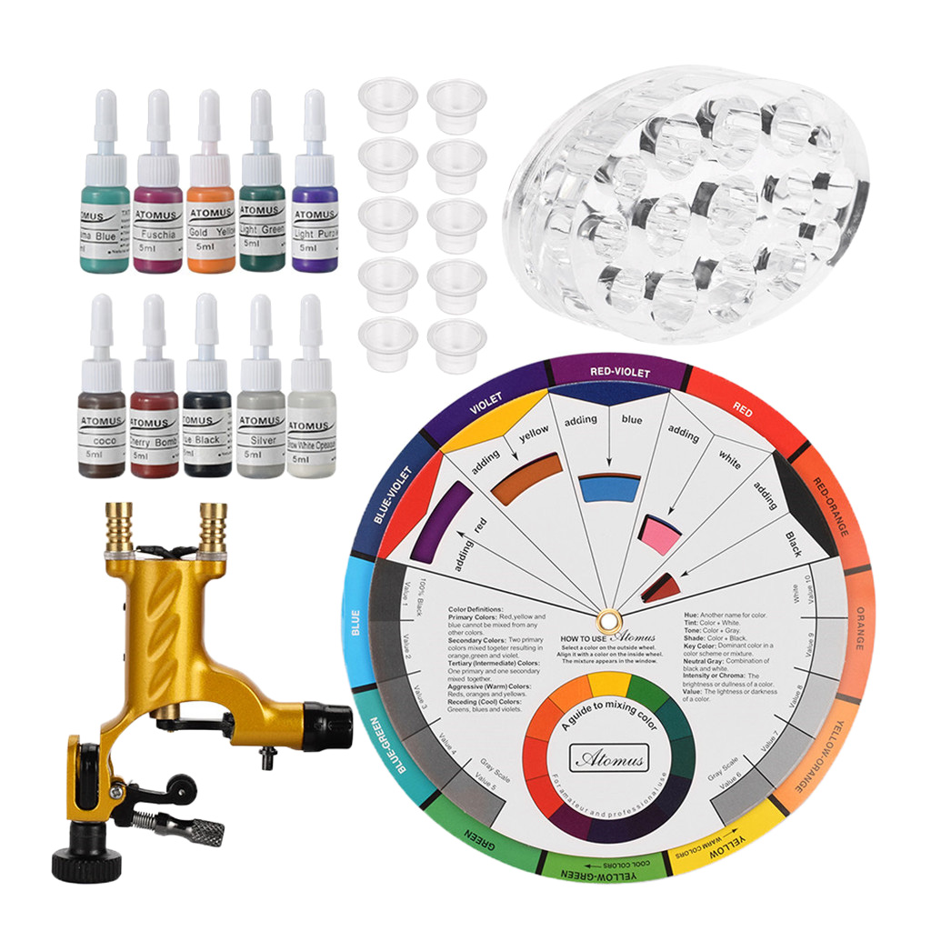 Complete Tattoo Kit for Beginners Tattoo Power Supply Kit, Tattoo Motor Machine, Tattoo Inks, Tattoo Color Cup, Color Chart