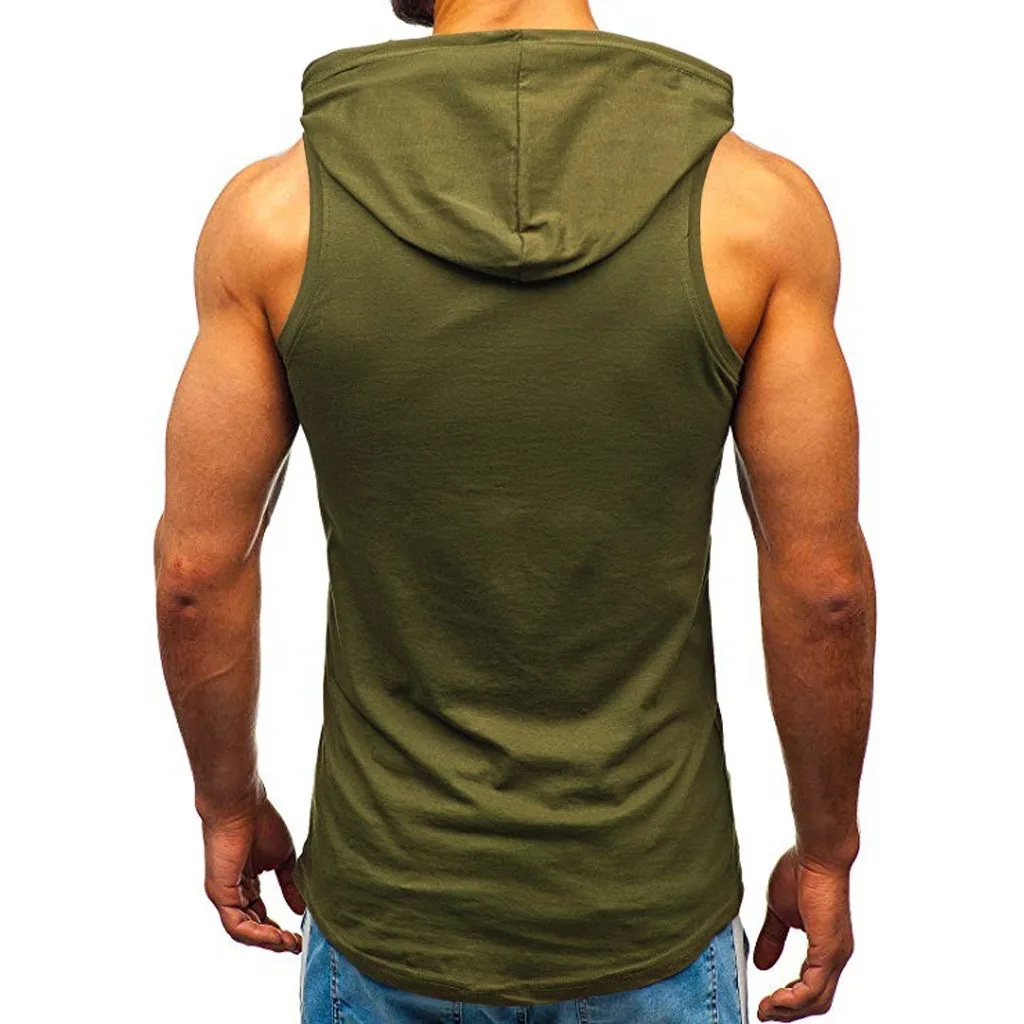 VEZAD Store Men Vest Tops Fitness Print Sleeveless Hooded Bodybuilding Pocket Tight-Drying Singlet Shirt