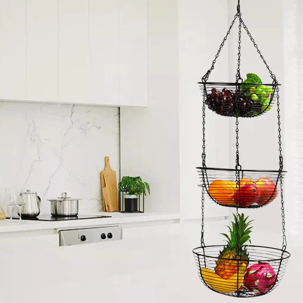 Details about   3 Tier Kitchen Ceiling Hanging Black Metal Fruit Basket Rack/Produce Holder 