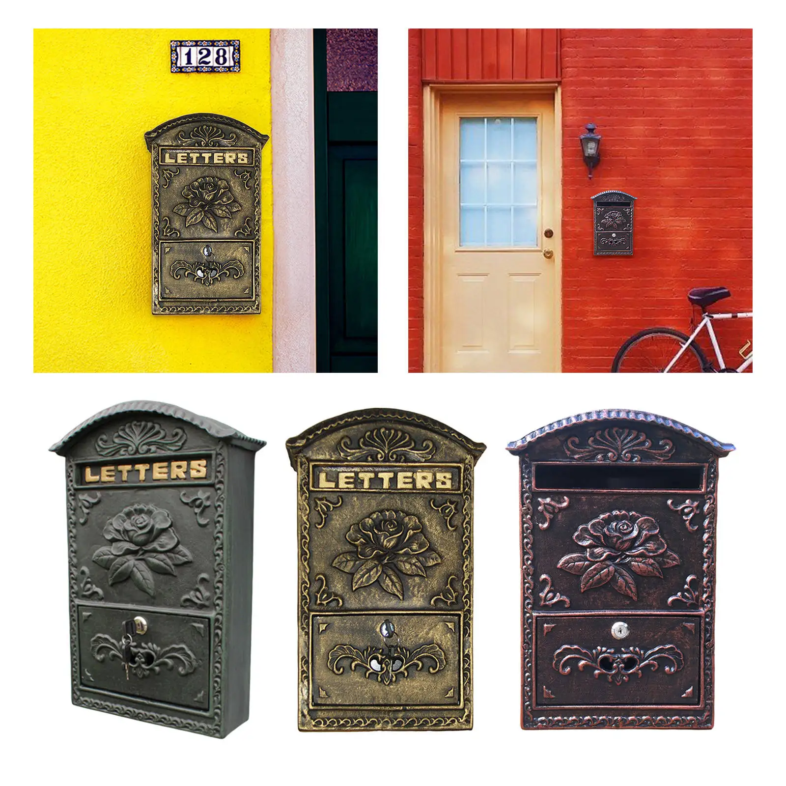 Wall-Mount Post Letter Box Locking Theft Security Decorative Vintage Style Mailbox for Outside Front Door Post Garden Newspaper