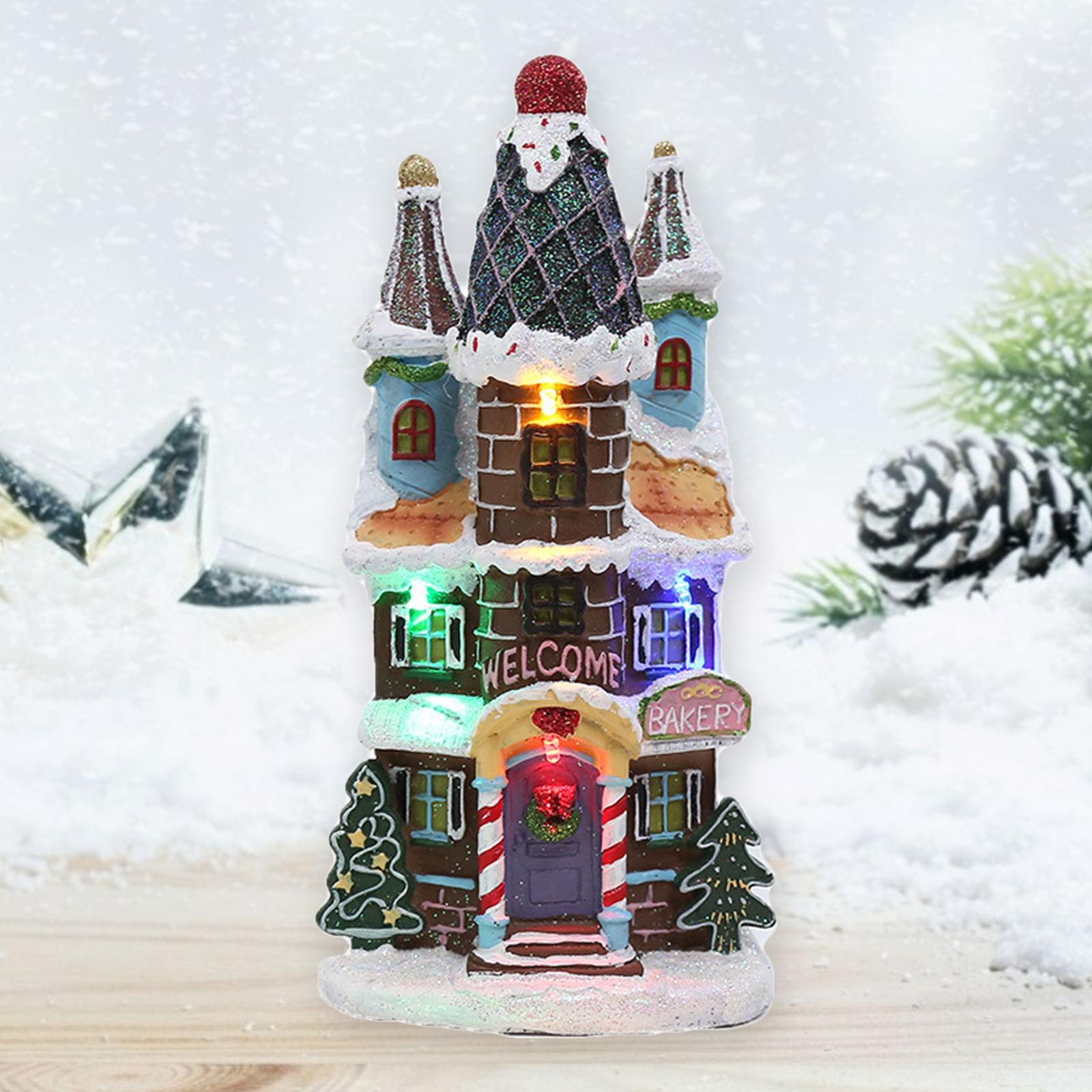 Christmas Snow House Resin Luminous Village Figurines LED Miniature Cottage Hut Landscape Christmas Holiday Decoration