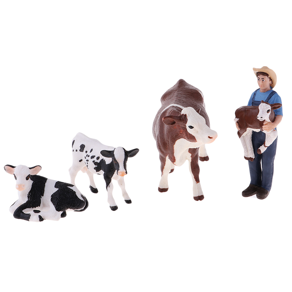 Mini Simulation Farm Animals Toys Set Educational Resource - Farmer & 4 Cows