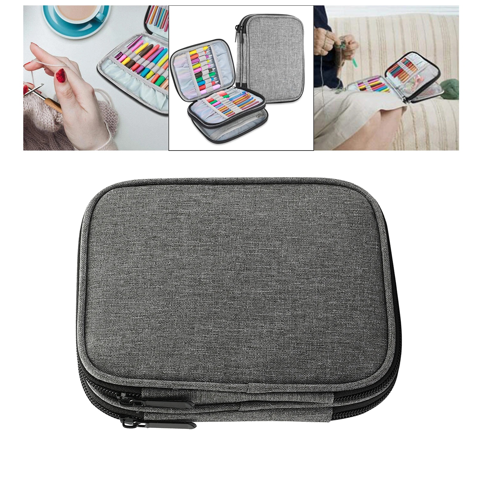 Portable Crochet Hook Case Knitting Needles Organizer Zipper Bag Storage Tote with Web Pockets & Slots Oxford Fabric Case