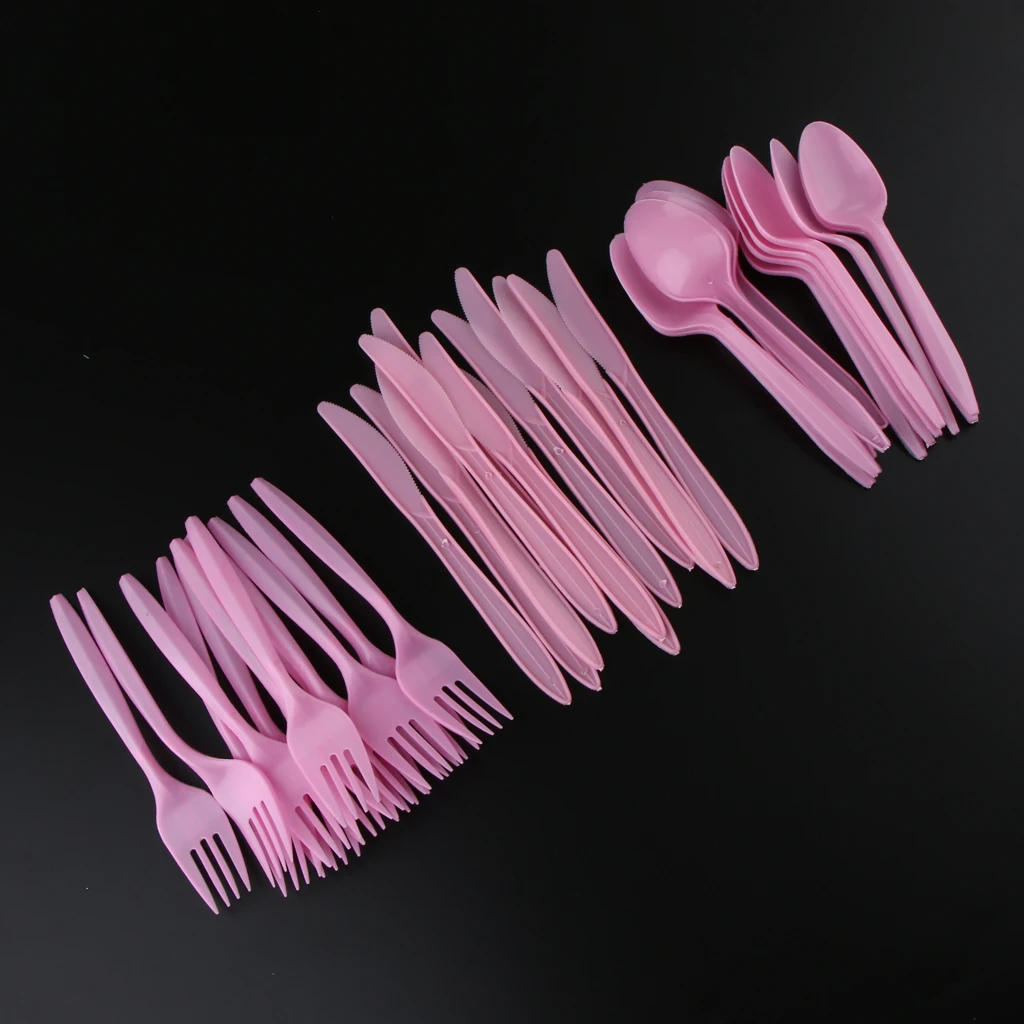 36/Set Pink Disposable Plastic Strong Spoons Knives Fork Cutlery Set