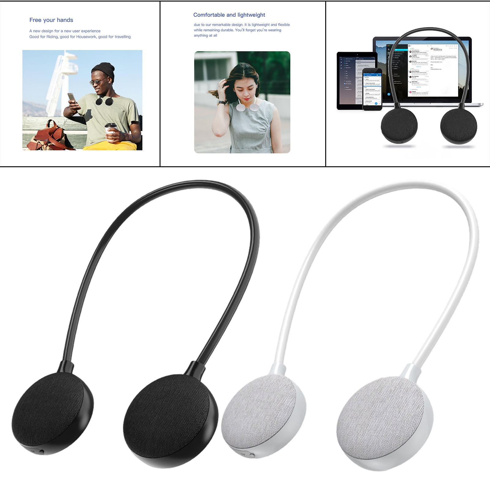 Wireless Neckband Speaker IPX5 Rechargeable Bluetooth Practical 600mAh Compact Stereo Neck Speaker for