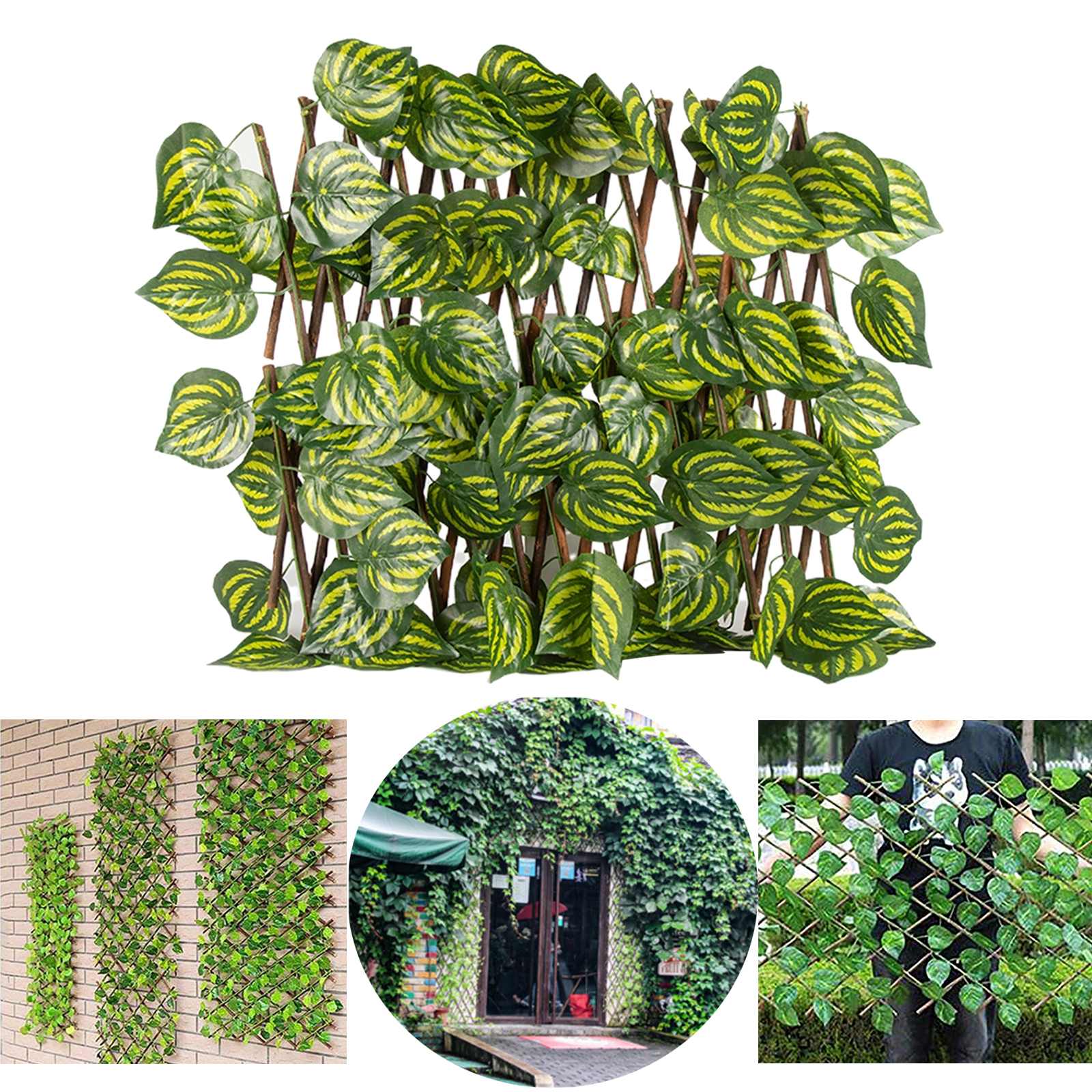 Expandable Garden Screening Trellis Wooden Fence with Artificial Leaves