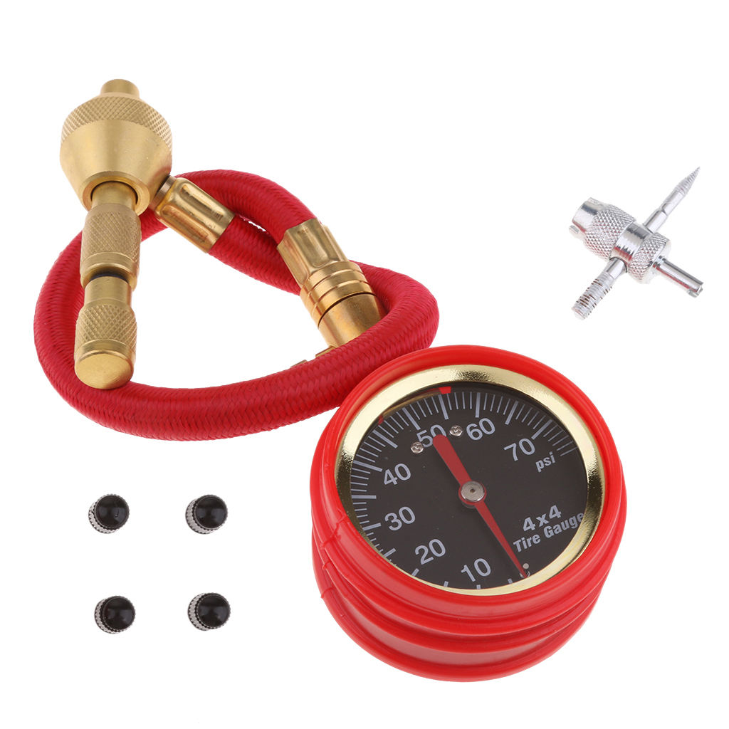 Red Mechanical Pointer Tire Pressure Gauge Tyre Deflator Kit with 4 Valve  for Automobile Cars Trucks Tire Repair Tools