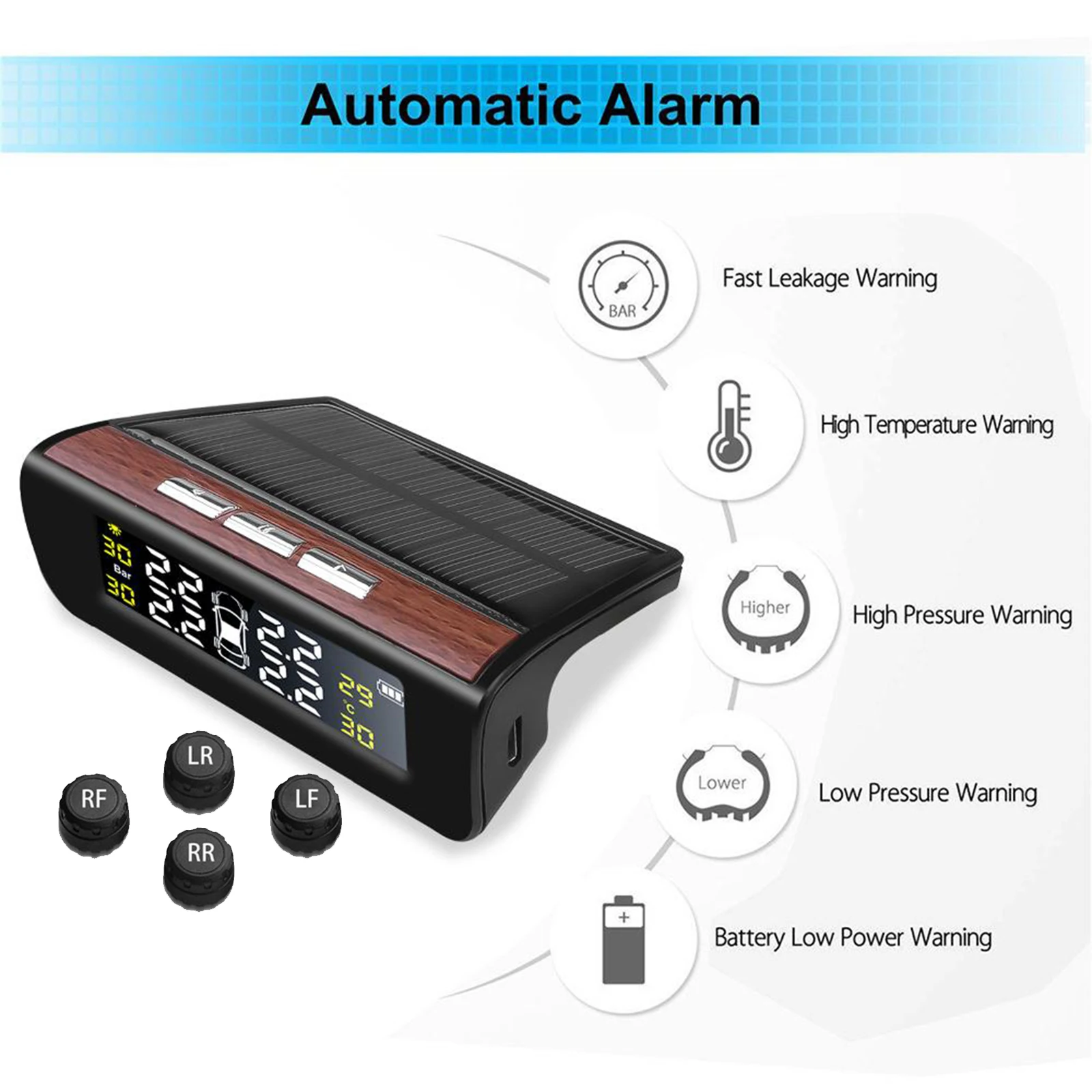 Solar TPMS Car Tire Pressure Alarm Monitor System 4 Sensor Temperature Alert