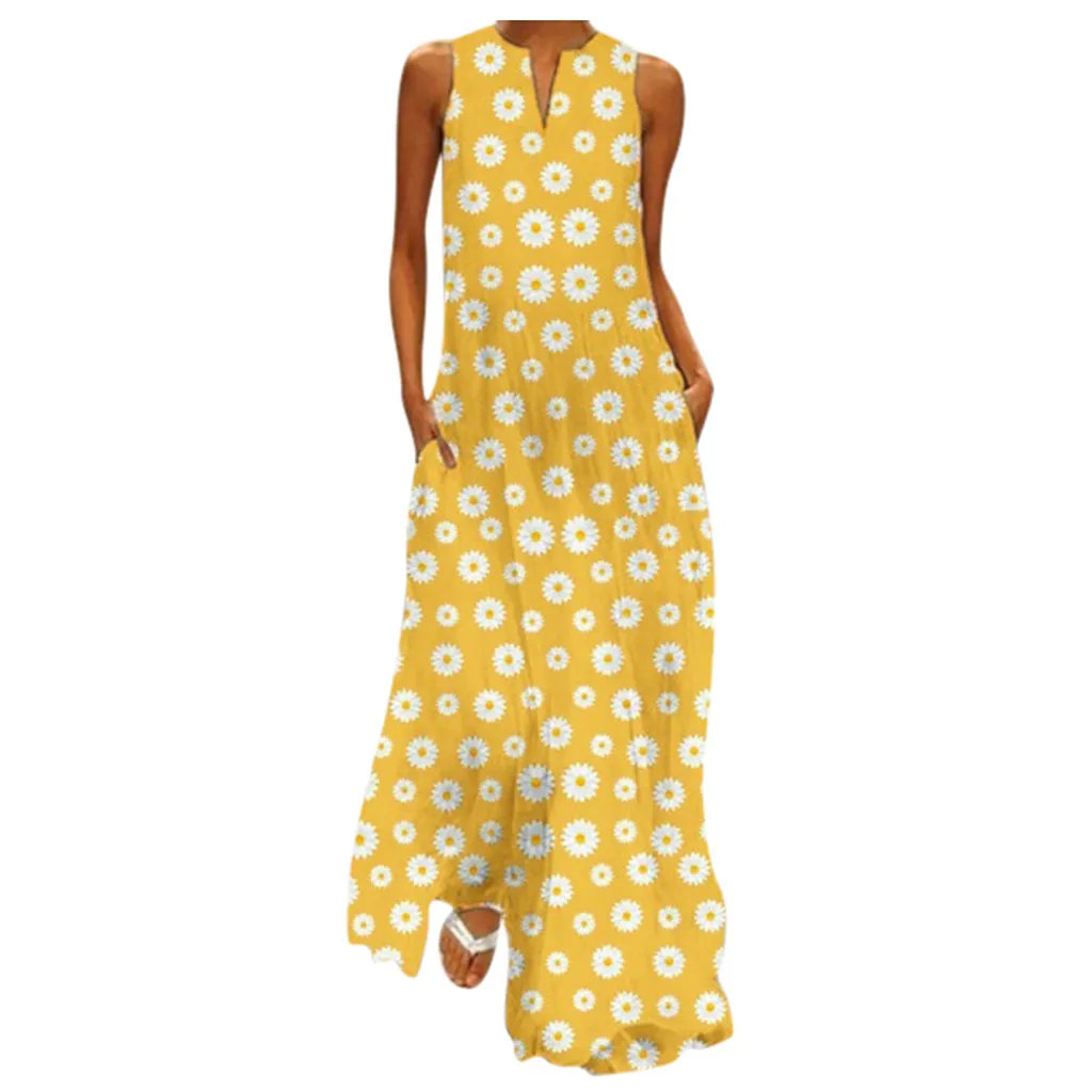 Vintage Floral Printed Maxi Dress Women V Neck Splicing Sleeveless Plus Size Dress