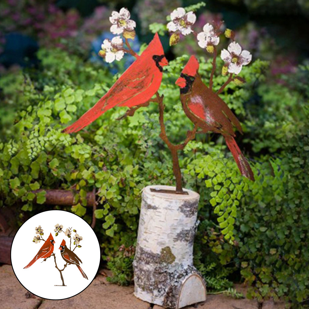 Iron Red Bird Statue  Stable Free Standing Lover Ornament Sculpture Garden Decoration Lawn Lover Statue Home Decor