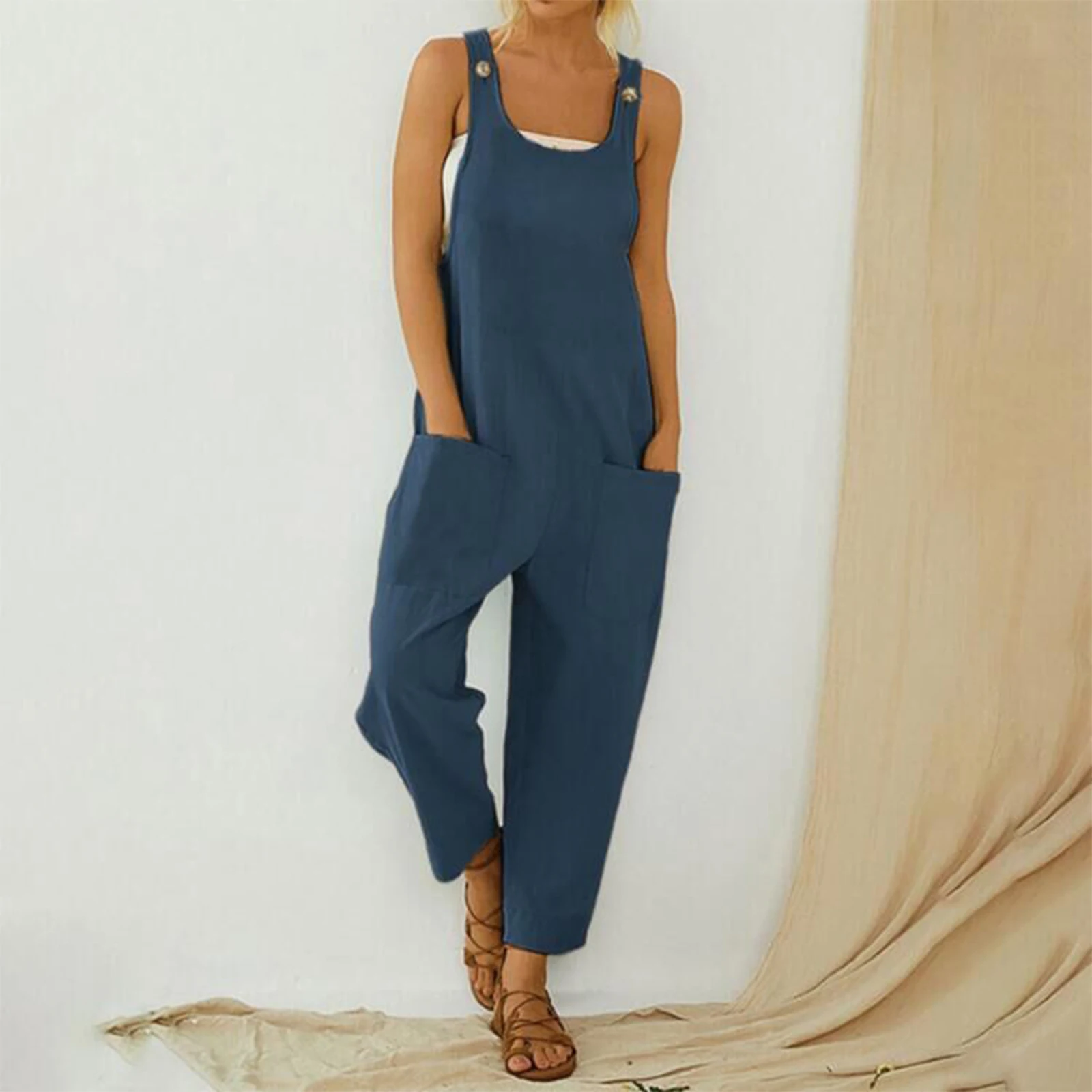 Women Loose Style Jumpsuit 2021 Summer Solid Color U-shaped Collar Sleeveless Overalls with Pockets S/ M/ L/ XL/ XXL plus size womens clothing